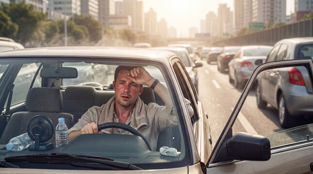Stressed man suffering from extreme heat and traffic congestion on a city highway during climate change heatwave