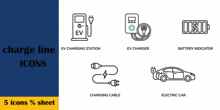 EV Charging Line Icon Set: Electric Vehicle Vectors for Charging Station, Car Battery, and Green Energy