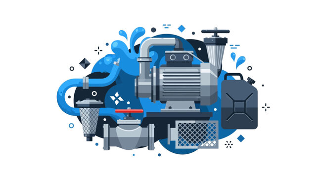 Industrial Water Pump and Plumbing System Illustration with Pipes, Valves, and Filters for Irrigation and Water Management