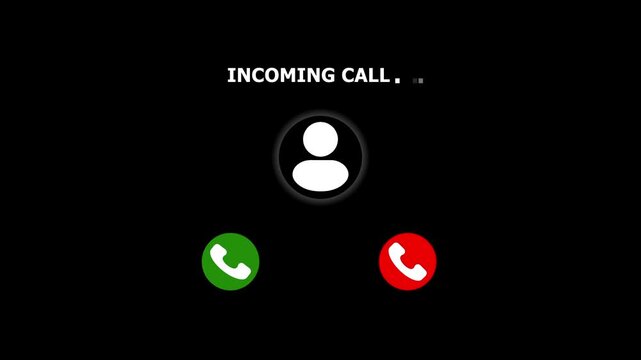 Incoming phone call indication on smartphone display close-up, Answering an incoming call. Video call interface with calling text and person icon on black communication online.4k 