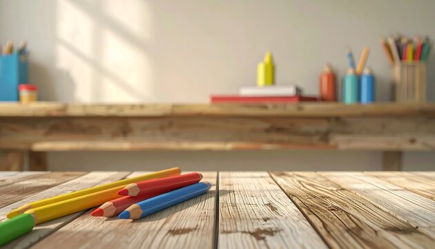 Colored pencils on a rustic wooden table with an art supplies background.