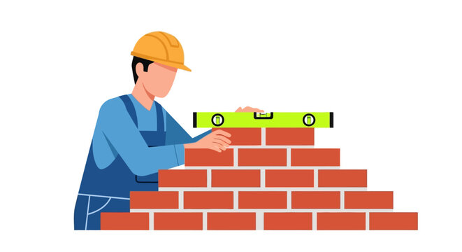 Professional Construction Worker Building Red Brick Wall Using Spirit Level Tool. Flat Vector Illustration of Masonry Work on White Background.