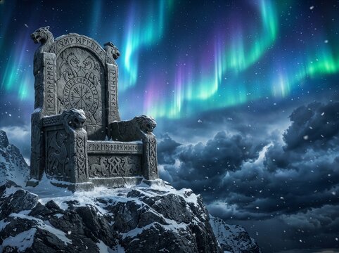 Ancient Viking Stone Throne On Snowy Mountain Peak Under Beautiful Glowing Northern Lights Sky Background