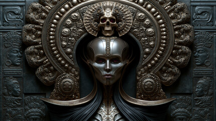 Obraz premium metallic fantasy portrait with mayan relief ornaments, surreal woman with symmetrical mayan design, metallic fantasy skull with alien mayan ornamentation