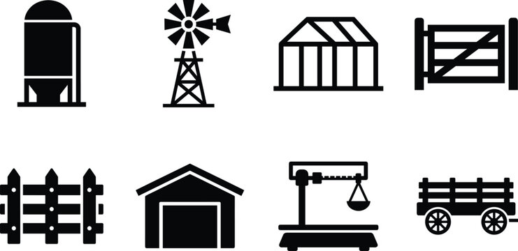 Agricultural Infrastructure and Farm Building Silhouette Icons Set for Rural Vector Design