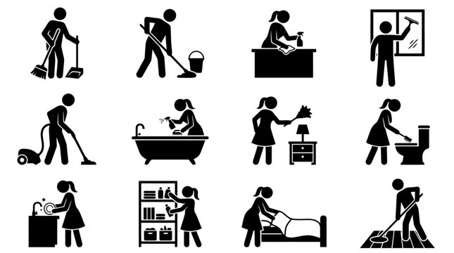 Black silhouette icons of people doing household chores and daily activities.