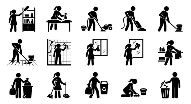 Black silhouette icons of people performing various household and office tasks.