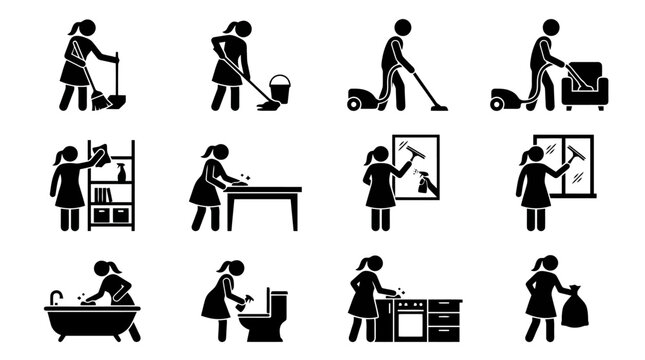 Black silhouette icons of woman doing household chores.
