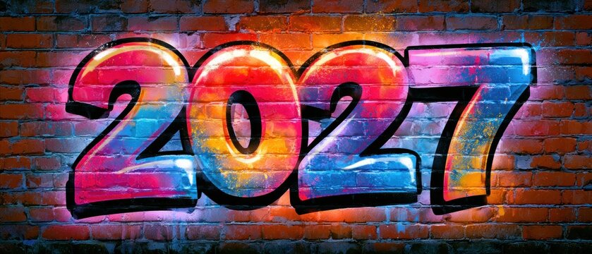 Graffiti numbers 2027 on brick wall