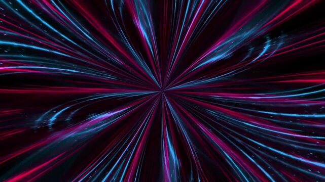 A dynamic explosion of red and blue light streaks converging in a starburst pattern. This energetic abstract image conveys motion and excitement, ideal for futuristic themes.