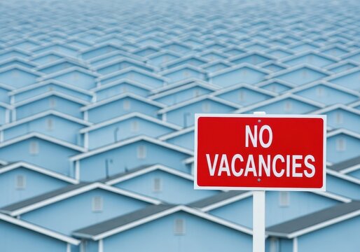 Red no vacancies sign in front of a dense field of identical blue houses