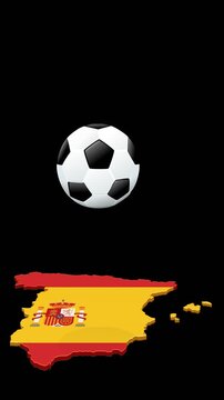 Soccer ball bouncing over the Spain country map with national flag. Football passion and championship concept. Chroma key green screen with alpha channel. (loopable)