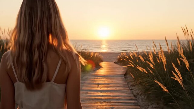 Woman walking on wooden boardwalk toward ocean at sunset. Blonde girl on path through beach grass overlooking sea horizon. Travel destination for coastal vacation