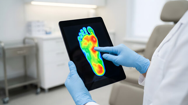 Close-up of a digital foot pressure map or baropodometric scan displaying localized force distribution on a medical tablet screen during a podiatry checkup