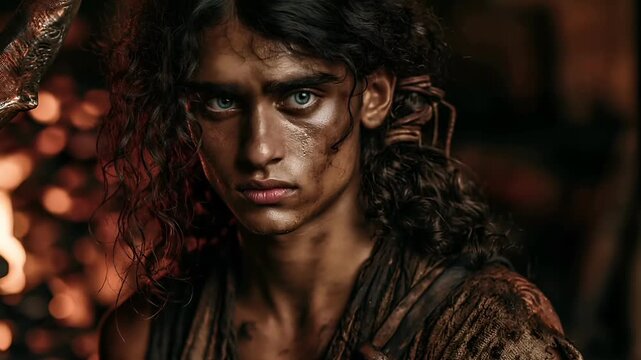 Europe medieval lifestyle. A closeup portrait of a young man with intense blue eyes, set against a dimly lit, rustic backdrop. He has long, wavy, dark hair that falls to his shoulders.