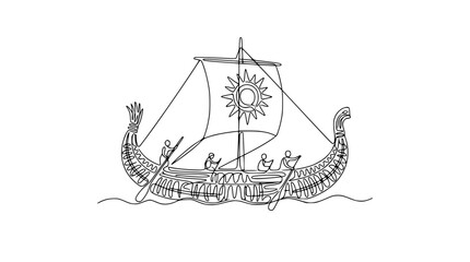 Ancient Viking Ship with Sun Symbol on Sail, Crew Rowing on Water © Tani