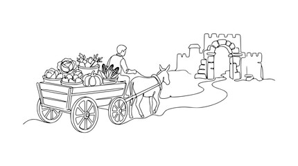 Obraz premium Farmer with horse-drawn cart full of vegetables approaches ancient city gate in line art style.