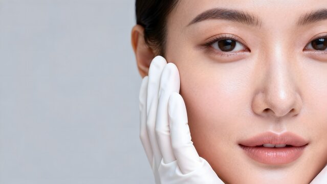 Closeup of woman with gloved hand on face