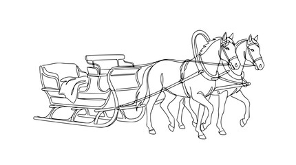 Naklejka premium Two Horses Pulling a Sleigh - Line Drawing