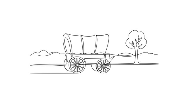 Continuous Line Drawing of a Covered Wagon and Tree in a Landscape