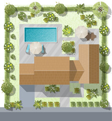 Naklejka premium Top view landscape design plan with house, courtyard, lawn, garage. Highly detailed plan of country with modern cottage of villa with pond, pool. Vector illustration of Cityscape, Map of town, village