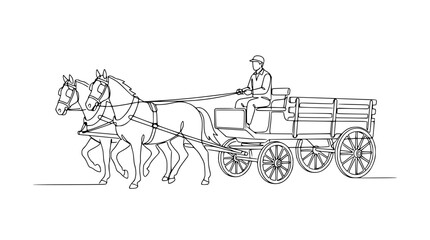 Obraz premium Line Art Illustration of a Horse-Drawn Wagon with Driver