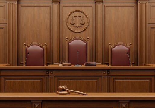 Empty courtroom interior with wooden judge bench, chairs, and scales of justice emblem on the wall