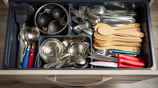 Kitchen drawer filled with utensils and cooking tools organized neatly. Cluttered kitchen drawer in apartment