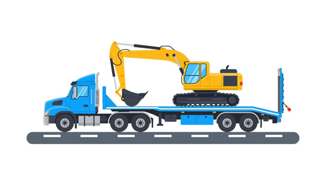 Semi-truck Transporting Crawler Excavator on Flatbed Trailer Vector Illustration