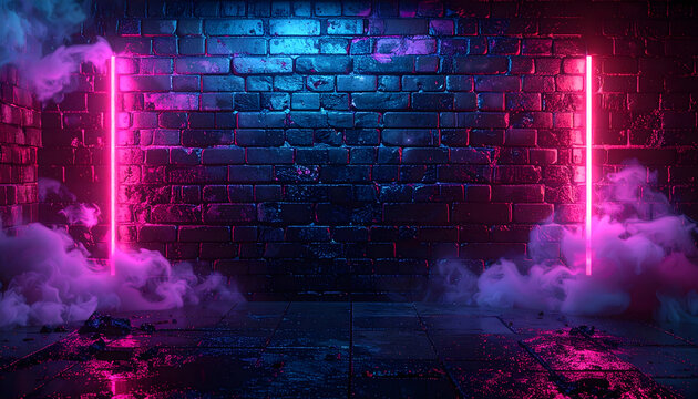 Neon lights illuminate a dark brick wall with smoke effects