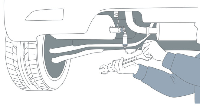 Car Repair: Mechanic Tightening Oxygen Sensor on Exhaust System