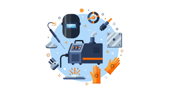Welding Tools and Industrial Equipment Flat Vector Illustration with Mask, Machine, and Safety Gloves