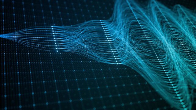 Cyan neural mesh with flowing wave surface. Signal analysis, radar processing and wave computing concept
