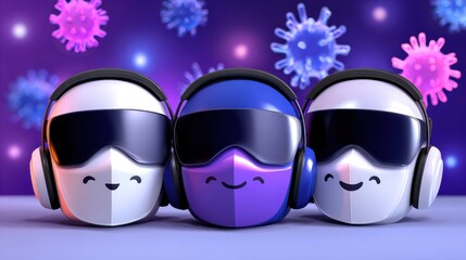 Fototapeta premium Three playful robot heads with headphones, set against a vibrant backdrop of colorful virus shapes