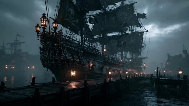 Europe medieval lifestyle. A dark, atmospheric depiction of a pirate ship docked at a pier. The ship is adorned with numerous skulls and crossesbones, and its sails billow in the wind.
