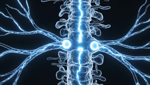 Neural communication spreading across the spinal network, glowing information signals traveling through transparent biological pathways connecting nerves and spinal tissue