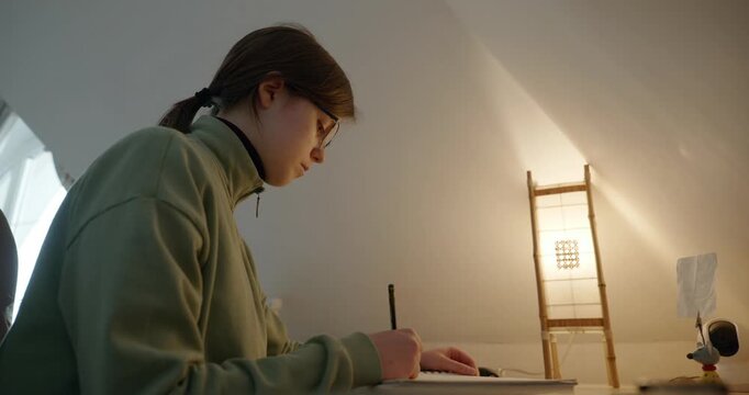 Girl Draw Pictures With Pencil on Desk Table in Bedroom at Home. 4K 10-bit