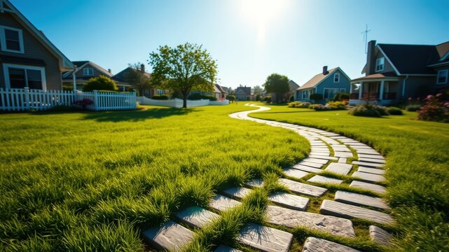 A Winding Stone Pathway Through a Lush Green Lawn, Leading to a Neighborhood of Houses, a Sun-Kissed Day