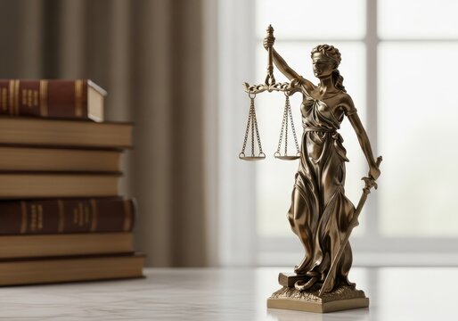 Bronze statue of lady justice with scales and sword on a desk next to a stack of law books