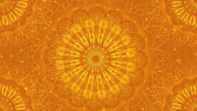 A detailed mandala in golden hues features intricate patterns and designs, creating a harmonious and mesmerizing visual effect that draws the viewer into its complex geometry.