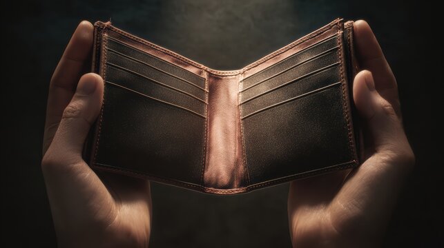 top view of hands holding empty wallet wide open, interior compartments clearly visible, realistic anatomy, soft shadows, financial crisis concept, 8k