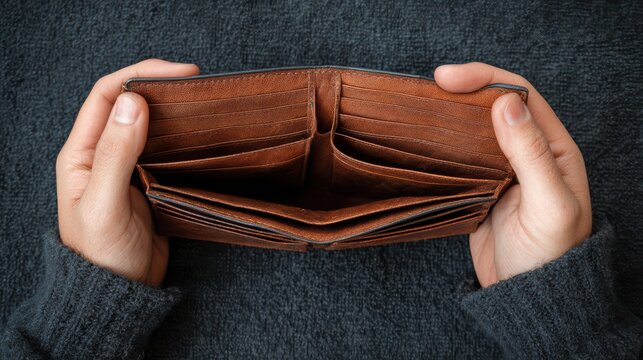 top view of hands holding wallet open wide, completely empty inside, clean composition, realistic anatomy, 8k