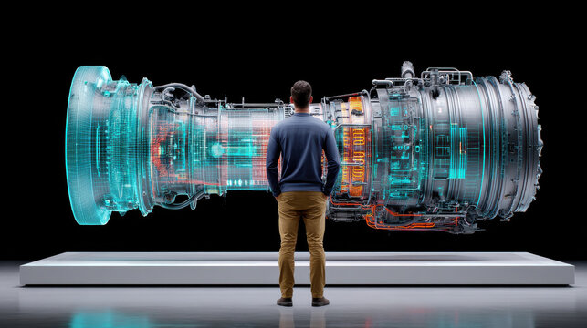 Man studies digital twin of advanced technology engine with glowing blue and orange details dark room for innovation and design