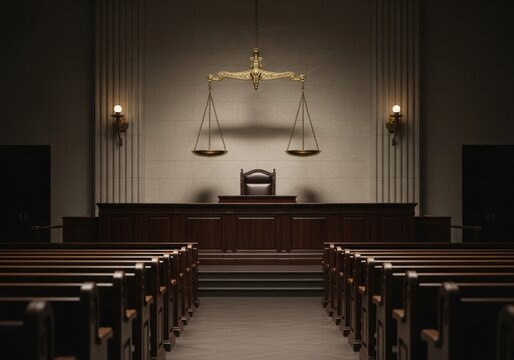 Empty courtroom with judges bench, jury box, and a hanging scale of justice, symbolizing law and order and the legal system