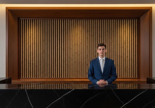 Young male receptionist in a suit standing behind a luxury marble hotel front desk
