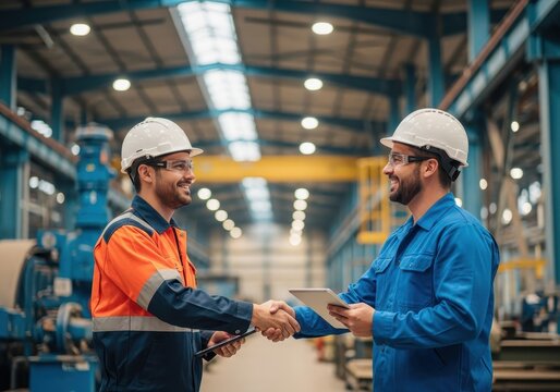 Two professional engineers in hard hats shaking hands in a large industrial factory setting
