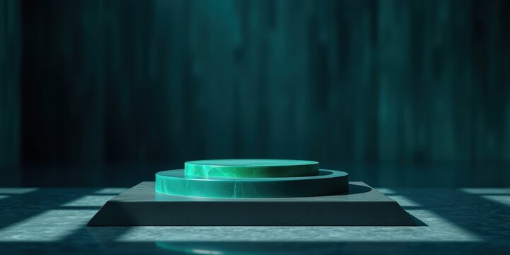 A minimalist green marble platform resting on a square base against a teal textured backdrop