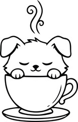 Obraz premium Cute puppy sitting inside hot coffee cup vector illustration outline drawing with beverage