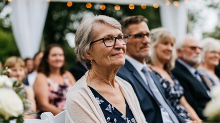 Fototapeta premium Smiling senior woman at outdoor community event in crowd