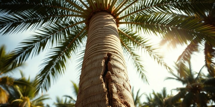 A close-up view of a palm tree trunk, revealing the intricate details of its bark, as sunlight filters through the lush foliage above